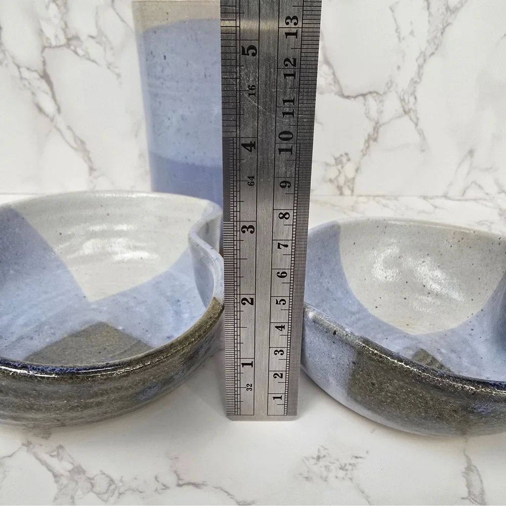 Studio Pottery Blue Glazed Vase and Heart Bowls Set Signed Artisan Stoneware